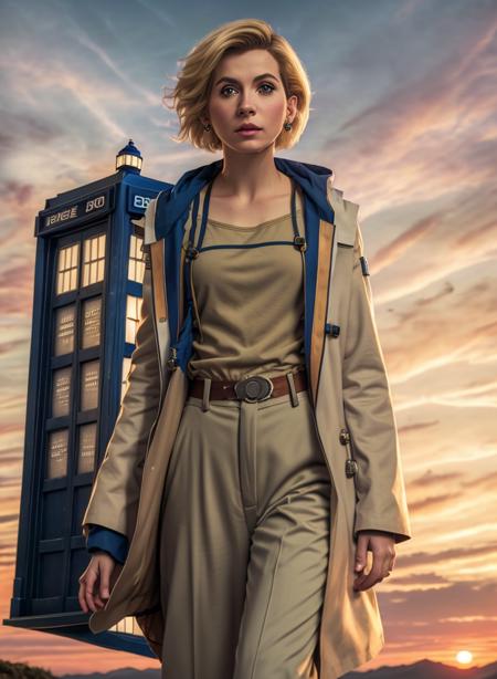 j0d1wh1, 1girl, solo, looking at viewer, short hair, blonde hair, shirt, long sleeves, jewelry, standing, earrings, outdoors, sky, pants, cloud, lips, coat, suspenders, building, sunset, realistic, arms at sides, doctor who style