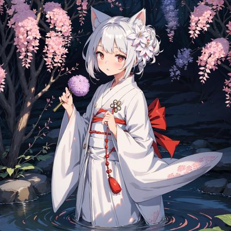 1girl,  solo,  looking at viewer,  blush,  hair ornament,  red eyes,  long sleeves,  bow,  holding,  tail,  flower,  white hair,  parted lips,  japanese clothes,  hair flower,  wide sleeves,  kimono,  water,  hair bun,  cat tail,  animal ear fluff,  sash,  obi,  white flower,  cat girl,  wading,  white kimono,  hydrangea,  wisteria,  cat ears, <lora:EMS-34881-EMS:0.700000>