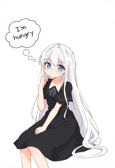A girl, sitting, black dress, blue eyes, long white hair, thinking about food, thought bubble “I’m hungry”