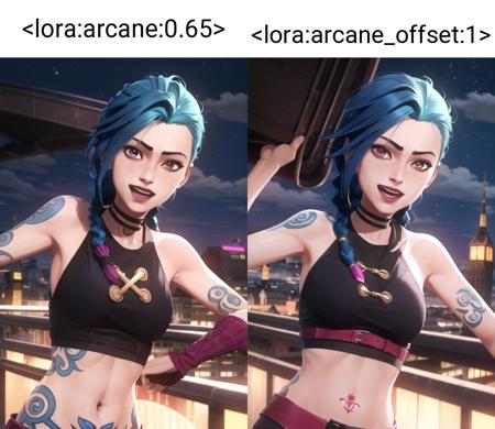 arcane style,

1girl, arm tattoo, asymmetrical bangs, bangs, blue hair, braid, brown shirt, cloud tattoo, looking at viewer, laughing, crazy, uncontrollable laugh, mad look, night, city, green hair, long hair, midriff, pink eyes, red lips, shirt, solo, standing, tattoo, twin braids, upper body, arcane jinx, jinx \(league of legends\)

<lora:arcane:0.65>