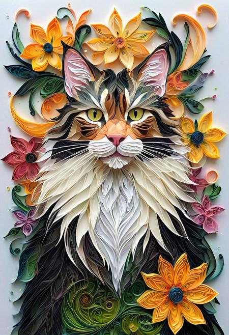 Magnificent Male MaineCoon cat watching, flowers, Artflwr, Quilling, Encaustic, Origami, Paper cutting