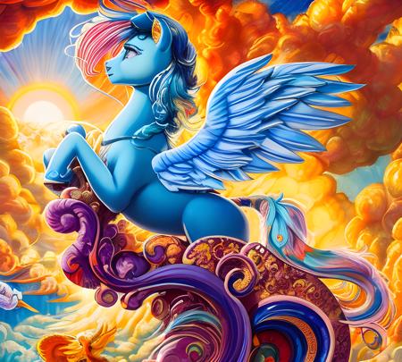 8k, 16k, insanely detailed, intricate, Pegasus Rainbow dash standing on a cloud, sunglasses, sharp focus, multicolored mane, by Josephine wall, by Jack Kirby