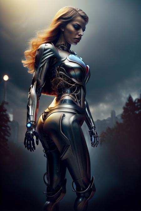 cinematic film still silverpulse, cyborg supergirl, 'S' Logo on chest, red cape, simple background, high quality, artistic, vibrant colors, detailed textures. futuristic sleek/glossy silver and blue glow, vibrant colors, detailed textures., Concept art, cyborg, background, vintage, modern, SilverPulse, superman_oc, <lora:SilverPulseMorphXL:0.8>, excellent composition, artistic, highly detail, holy, sunny, dynamic dramatic beautiful full taking . shallow depth of field, vignette, highly detailed, high budget, bokeh, cinemascope, moody, epic, gorgeous, film grain, grainy,  side view, ass,