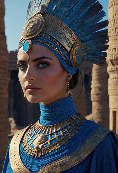 professional Photography. Woman in style The Sumerian goddess. The magnificent Ishtar. it towers over the city. Her cone-shaped clothes emit a bright light. magical blue eyes hypnotize with their brilliance.  in ancient Babylon.  a majestic city. ancient city. unreal engine, wlop, trending artstation, RAW photo, 8k uhd, dslr, soft lighting, high quality, film grain, Fujifilm XT3