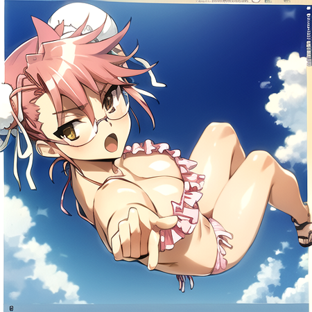 masterpiece, best quality, best aesthetic, 
takagi saya, solo, open mouth, cleavage, brown eyes, swimsuit, bikini, frills, glasses, hair bun, double bun, transparent background, sandals, crossed legs, outstretched arm, foreshortening, frilled bikini, pink bikini, bun cover, high quality, absurdres, full body, 8k,  <lora:Saya_Takagi-07:1>