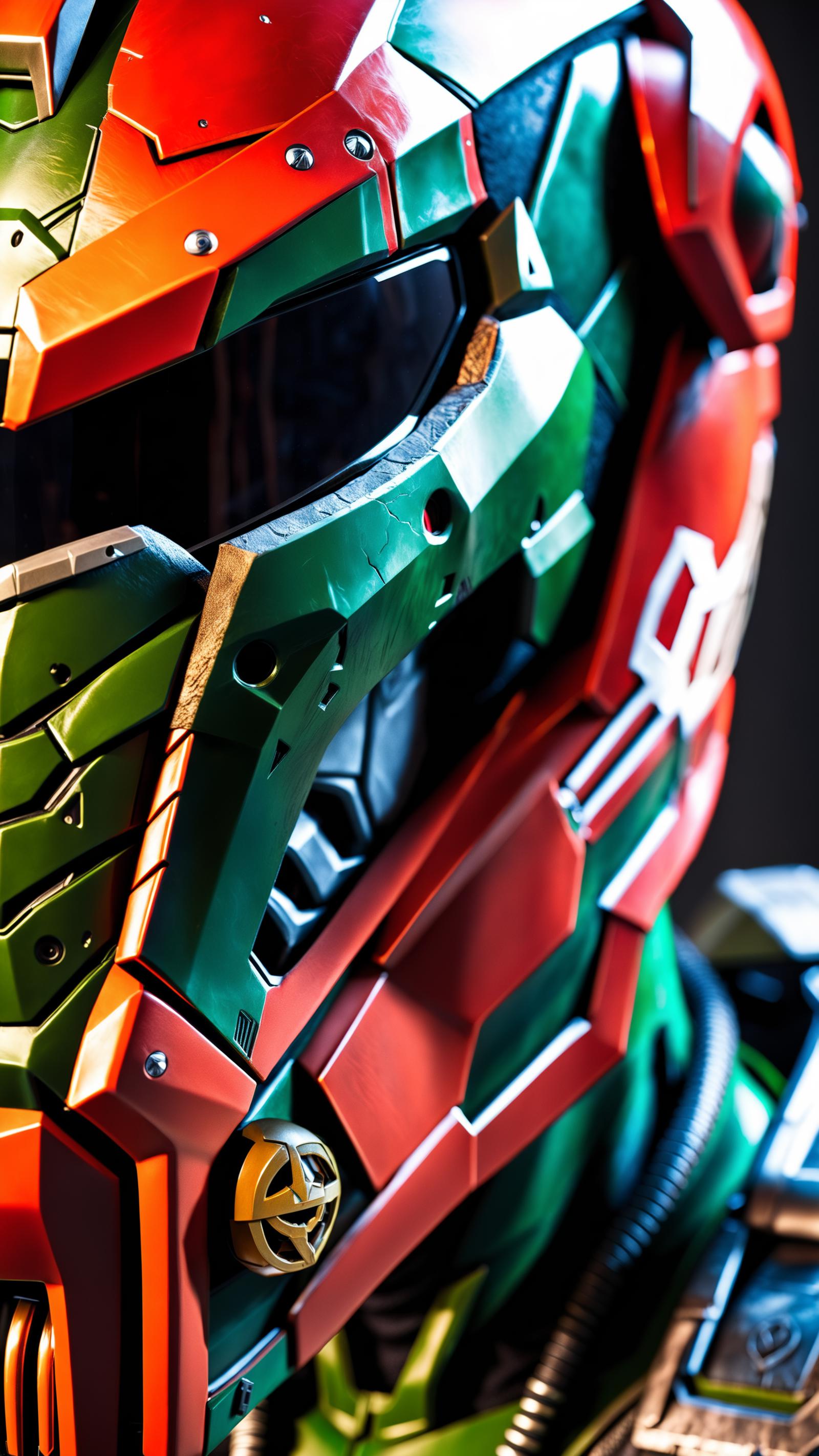 A close-up of a green and red helmet with a silver ring around it.