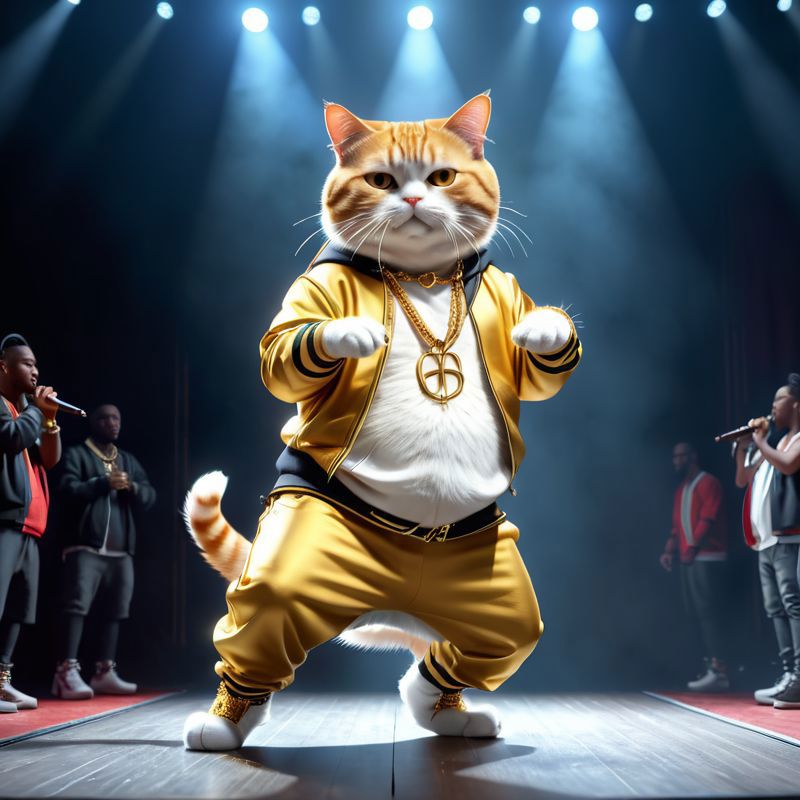 A fat orange and white cat in a gold track suit on stage.