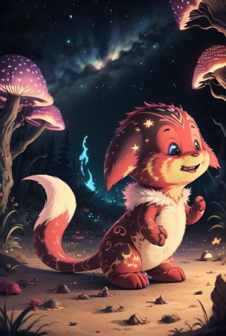 (8k, RAW photo, best quality, masterpiece:1.2), 
red fur, white eyes, claws, fang, bones, fluorescent mushroom forest, night, fluorescent stars, magic, magical flowers, spirits,kacheek, <lora:Kacheek:0.70>