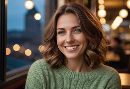 *A meticulously detailed, hyper-realistic portrait of Olivia, 35 years old, slender oval face,with softly contoured features, straight narrow nose with a gentle slopewith sun-kissed skin, bright green eyes, and a radiant smile. Her wavy, short-length light brown hair is casually tousled, framing her naturally beautiful face. Extremely natural skin texture, subtle wrinkles, subtle laugh lines. Her skin is natural, with subtle imperfections that enhance realism and a warm, genuine smile that reveals slightly perfect teeth.*     
The background is a cozy urban café with warm string lights and a blurred cityscape at dusk. Shot with a Hasselblad H6D-100c medium-format camera, using a tight crop and shallow depth of field (f/2.8) to emphasize the fine details of her woolen sweater and natural skin texture. The lighting is warm and diffused, casting a golden glow reminiscent of a Thomas Kinkade painting.*