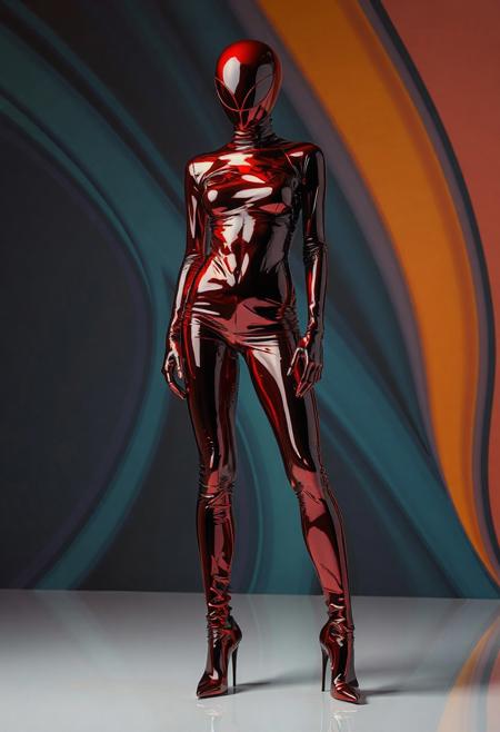 abstract model in latex shiny full body outfit  avant-garde style with bold Color Scheme