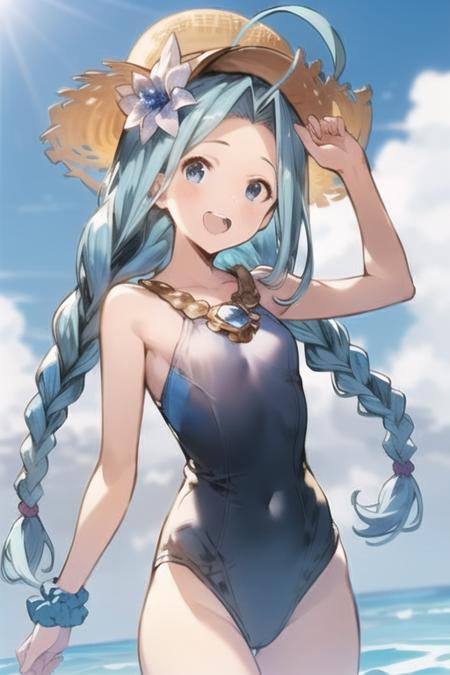 <lora:lyria:0.8>, solo, 1girl, lyria_\(granblue_fantasy\), lyria_(daughter_of_pearl)_(granblue_fantasy), granblue fantasy, aqua hair, shiny hair, very long hair, ahoge, (twin braids:1.2), blue eyes, small breasts, collarbone, smile, open mouth, hair flower, hair ornament, (very large straw hat:1.2), sidelocks, wrist scrunchie, casual one-piece swimsuit, (see-through one-piece:1.1), blue sky, cloud, summer, seaside, ☆ in 目