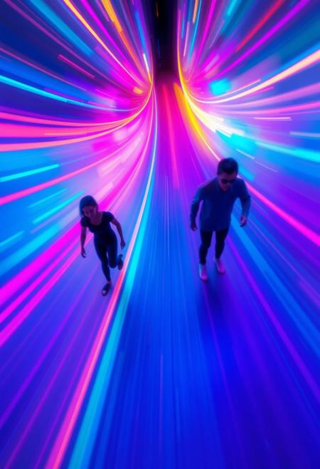 A photograph featuring a high-angle perspective and long exposure time. Vibrant neon color palettes meet minimalist bold-line figures in a surreal dreamlike background. High-contrast graphic simplicity, playful fantasy elements, and clean modern design combine with rainbow gradients, flat vector outlines, glowing sparkles, and electric hues, capturing motion or light trails.