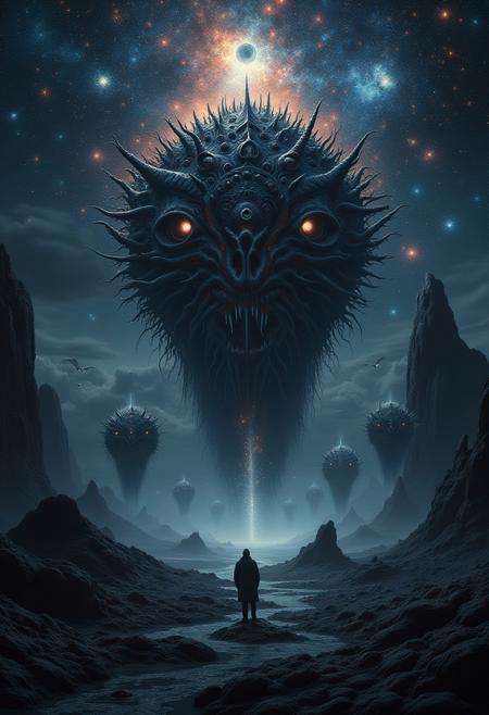 Realistic and highly detailed picture. A black plain surrounding a deep abyss, A galaxy of cosmic stars fill the night sky on this alien world. A portal to another dimension opens up un the sky. Immense eldritch beings with dozens of burning eyes emerge. Hundred of Smaller strange creatures flutter around them piping a rhythmless tune. Madness, chaos, insanity.