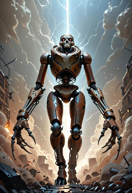 dvr-rst, masterpiece, best quality, absurdres,  movie scene, a skeletal robot with elongated limbs stalks through an urbex rusty steel foundry , angled shot, long shot, asymmetric, dramatic,, dynamic, (sinister:1.)2, a dust storm obscures the scene, side lighting detailed light, volumetric light,