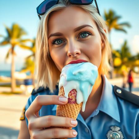 Capture a vibrant, sun-soaked scene on a lively summer day police uniform in Miami. Joy1, blonde woman, short hair, blonde hair, green eyes. The subject is a 25-year-old blonde woman of European police uniform. She is holding a melting ice cream cone with realistic, dripping textures, its creamy layers showing a gradient of sky blue, white, and pastel pink.police uniform  The ice cream is visibly melting, with droplets glistening in the warm sunlight, some already dripping onto her hand.
She leans slightly forward, her tongue sensually touching the melting ice cream, creating a playful and indulgent vibe. Her expression is both teasing and joyful, with the small traces of ice cream visible on her lips and tongue adding a layer of realism. The lighting is golden and soft, casting a warm glow on her sun-kissed skin, enhancing the natural summer atmosphere. The background captures the essence of Miami, with palm trees, a bright blue sky, and hints of the beach and ocean in the distance, giving the scene a carefree, summery feel.
Her reflective sunglasses catch the sunlight, adding a stylish, modern touch to the composition. perfectly encapsulating the joy and warmth of a summer day in Miami. The melting ice cream should look incredibly realistic, with small droplets and softened edges, as though caught in the perfect moment. police uniform