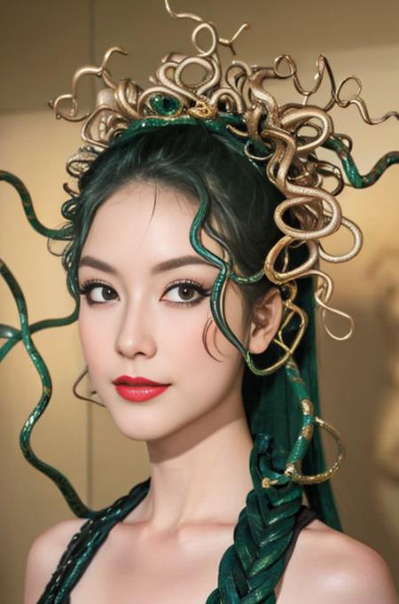 MedusaHead, camera photo, <lora:MedusaHead:0.85>, masterpiece, best quality, 1girl, solo, beautiful face,  ((sfw)), masterpiece, best quality, camera photo, realistic, ultra-detailed, detailed skin, taiwan girl, green snake hair