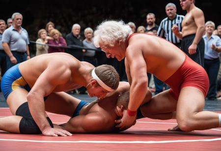 Act as a sports commentator covering an exhibition wrestling match between a youthful, energetic young man and a wily, spirited elderly woman. Provide a detailed account of the match by describing the contrasting styles of the competitors, highlighting the young man's strength and agility against the old lady's experience and cunning tactics. Capture the excitement and unpredictability of the event, emphasizing the dynamic interactions between the two wrestlers as they grapple in a friendly yet competitive manner. Include colorful commentary on the techniques used, the crowd's reactions, and the surprising turns of events throughout the match.