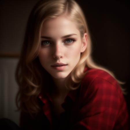 ivetabb, (Masterpiece Photo:) of (Happy)  wearing checkered red and black shirt and blue jeans staring at the viewer,(big brown eyes) ,(checkered red and black shirt), (blue jeans),Highly Detailed,(close portrait:1.3),(Feminine:1.4),(beautiful:1.4),(attractive:1.3),calendar pose,perfectly detailed eyes,studio lighting,thematic background, (high detailed skin:1.2), 8k uhd, dslr, soft lighting, high quality, film grain, Fujifilm XT3