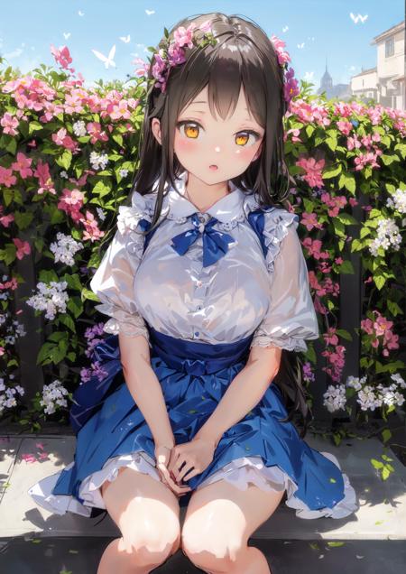 (masterpiece,best quality,extremely detailed,ultra-detailed,beautiful detailed,amazing detailed:1.4),
illustration,mid-shot,
(solo,1girl,loli:1.4),
city,street,
flowers,butterfly,blue sky