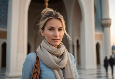 A hyper-detailed, ultra-photorealistic 8K travel portrait of a 40-year-old woman with sleek blonde hair tied back. She has soft wrinkles, subtle expression lines, pale skin with natural texture, and realistic facial details. The face is symmetric and rendered with lifelike shading and consistent lighting. Walking past the Blue Mosque in Istanbul at sunset. She wears high-rise beige jeans, a soft grey linen blouse, and a lightweight scarf draped over her shoulders. In her hand is a Nikon D5300, and a worn brown leather shoulder bag crosses her chest. Her face glows with warm golden Turkish light. Shot with Nikon D5300, 50mm lens, f/2.8, ISO 100. Background: softly blurred domes and minarets. Style inspired by Steve McCurry's vibrant portraits with rich cultural context. realistic human face, accurate eyes and mouth, high detail, no distortion,