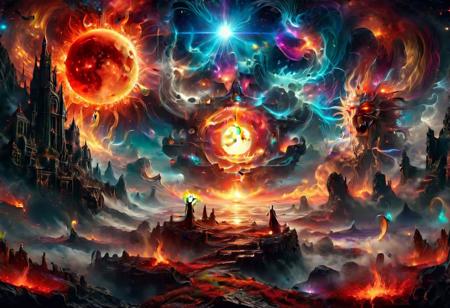 Ultra realistic, fantastical, digital painting,; irridescent skys, magical environment, representing inner turmoil, rage at the world, a fantasy landscape broiling with emotions, the sun and the moon doing battle, colorful, vivid colors, sharp lines, smooth shading, (sharp:1.2), (detailed:1.2), (HD:1.2), (HDR:1.2), (8K:1.2), (best quality:1.2), (best resolution:1.2), maximalist, (masterpiece:1.2),