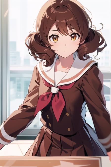 kumikooumae, <lyco:kumikooumae-LYCORIStest:1>,
kumiko oumae, (brown eyes:1.5), brown hair, short hair, wavy hair, (flat chest:1.2),
BREAK brown shirt, brown skirt, kitauji high school uniform, long sleeves, neckerchief, pleated skirt, red neckerchief, sailor collar, school uniform, serafuku, shirt, skirt, uniform, white sailor collar,
BREAK looking at viewer,
BREAK indoors, classroom,
BREAK <lora:GoodHands-vanilla:1>, (masterpiece:1.2), best quality, high resolution, unity 8k wallpaper, (illustration:0.8), (beautiful detailed eyes:1.6), extremely detailed face, perfect lighting, extremely detailed CG, (perfect hands, perfect anatomy),