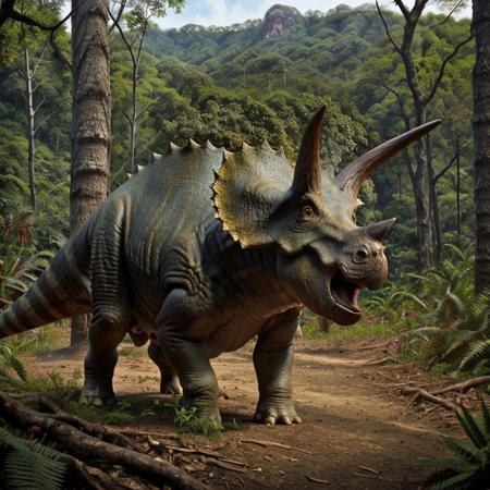 masterpiece, best quality,  <lora:Triceratops_Dinosaur_Dim32_Anime:0.8>, Triceratops_Dinosaur,  Jurassic jungle,