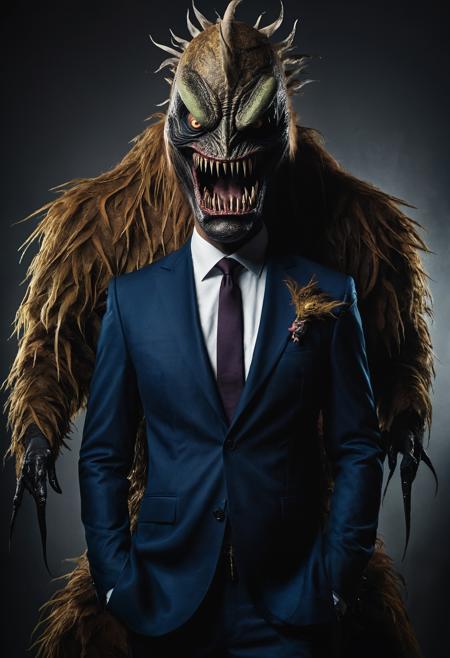 a man in a suit with a scary monster, in the style of bold fashion photography, konrad mgi, characterized animals, martin rak, fine feather details, igor zenin, cartoon-like characters