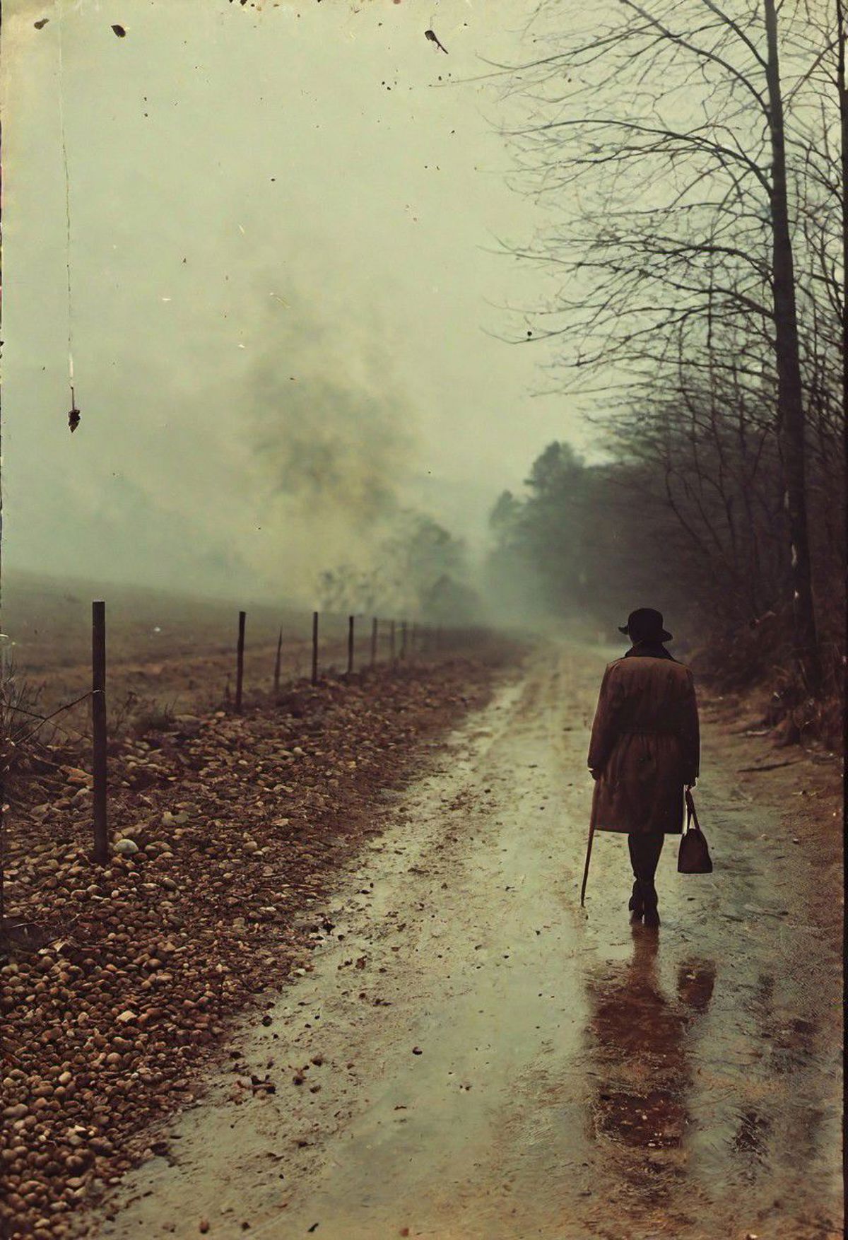 A person walking down a muddy road in the rain.