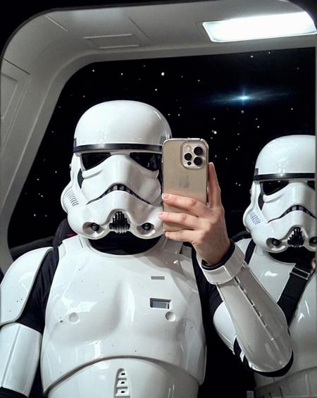 <lora:iphone_mirror_selfie_v01b:1>
((very grainy low resolution amateur:1.2))
 iphone mirror selfie
man wearing stormtrooper outfit
on spaceship,