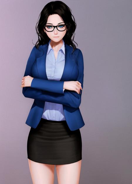 Harem_Hotel_kali, 1girl, black hair, black skirt, blue eyes, breasts, crossed arms, glasses, jacket, large breasts, long hair, looking at viewer, miniskirt, pencil skirt, skirt, solo, Plain Background<lora:Harem_Hotel_kali-10:0.6>,