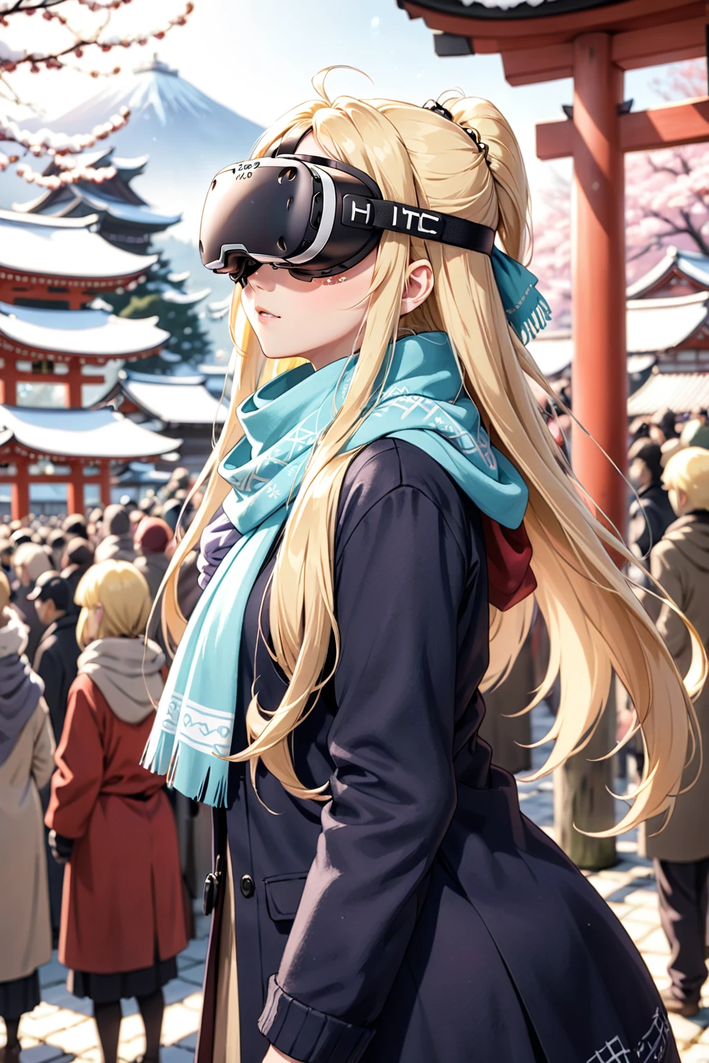 anime, pastel colors, girl, wearing (vr goggle:1.2), HTC Vive, blonde hair, long hair, winter clothes, scarf, Shinto shrin...