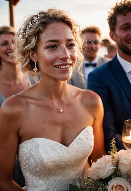 Stunning 35mm photo of a 42 years old Dutch woman, ((an breathtaking wedding dress)), very pretty, fit, skinny, highly detailed face, highly detailed skin, freckles, many freckles on arms and tits, freckles and moles all over body, natural breasts, perfect breasts, hard nipples, Rounded ass, blonde hair, pubic hair, short hair, messy hair, medium hair, brown eyes, highly detailed skin, highly detailed face, in love, happy, detailed pupils, at her wedding party, in a beach club on the Dutch coastline, giving an emotional and beautiful speech at dinner, reading speech from paper, holding piece of paper in her hand, emotional face, emotional but happy, sunset, low light, soft natural light, Rembrandt style light, made with a Hasselblad camera, 35mm, film grain, masterpiece, sharp focus, shot on Kodak, lens flare, cinematic, (ultra high res: 1.2), (photo-realistic: 1.3) (skin pores: 1.1)