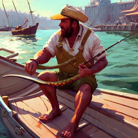 a fisherman sitting on the docks fishing by fishing boats (PaintStyle5:0.8)