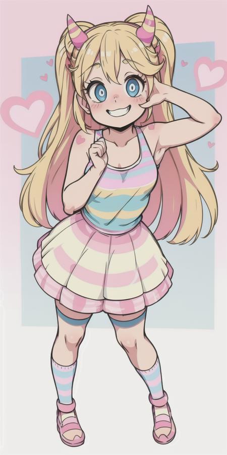 Blonde hair with pink horns, starry blue eyes, (heart-shaped cheek marks:1.1), striped pink and blue tank top, hands on cheeks, extremely excited or gleeful expression, <lora:Star_Butterfly:1>, striped socks, standing