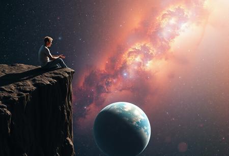 One man sitting on the edge of a cliff in space, legs hanging over the edge, gazing down at his palms, one planet below,  stars and galaxies fill the background with vibrant colors,