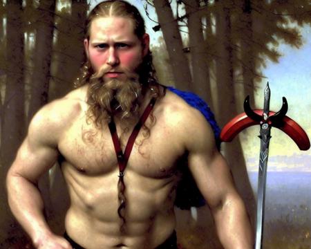 a muscular attractive sks man as viking, bushy beard, long curly hair, bald, cinematic, aesthetic, norman rockwell, william-adolphe bouguereau, John William Waterhouse, grant wood