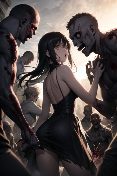 <lora:zombie_v1.3:1> 
1girl, scared, wide-eyed, :o, shock, torn clothes, dress,
multiple boys, zombie, motion blur, perspective, blood,
backlighting, see-through silhouette, looking back, foreground,, masterpiece, best quality, highly detailed