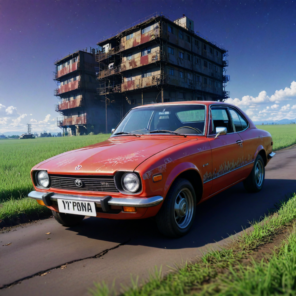 (stylized by Lauren Faust:1.1) and (Chiho Aoshima:1.1) and (Mamoru Oshii:1.3) and (Edogawa Ranpo:1.3) , anime key visual, hyper detailed, Full length frame of a Spartan (Toyota:1.3) , the Toyota is very Remarkable and Dilapidated, it is covered in Paint, it is with Crimson patterns, and the genre is pop background is Relaxing Poland, Indigo nature and Supermassive black hole in background, Clear skies, horizon-centered, Detailed illustration, Joyful, Atompunk, studio lighting, L USM, Kodachrome, National Geographic, ethereal magical atmosphere, Highres, award winning