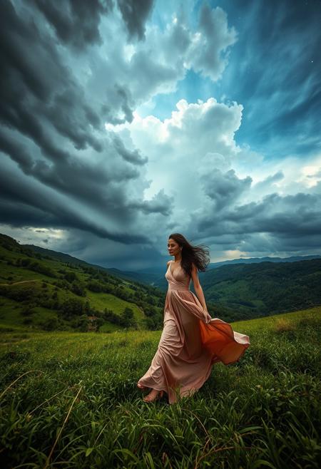 Una escena impresionante de una tormenta majestuosa donde múltiples arcoíris bien definidos se entrelazan entre las nubes oscuras y relámpagos iluminan el cielo con destellos místicos. La lluvia cae suavemente, reflejando los colores vibrantes del arco iris en cada gota. En el primer plano, una mujer elegante camina con gracia a través de un extenso valle verde, con el viento ondeando su vestido largo y fluido de seda. Su postura es imponente y llena de confianza, con una mirada serena y penetrante. Su cabello oscuro y ondulado flota con la brisa, capturando la esencia del momento. Cada detalle es nítido y bien definido, desde la textura del vestido hasta la suavidad de su piel. La iluminación cinematográfica realza los contrastes entre la tormenta y los colores vivos, aportando una profundidad asombrosa a la imagen. Capturado con una estética fotográfica en 4K ultra-realista, con una composición perfecta donde la mujer y la tormenta de arcoíris crean una armonía visual espectacular.