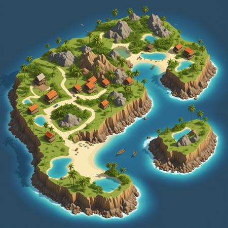colored map of uninhabited island, fantasy world, isometric map, csu, city, lake, mountain, sea beach, palm trees, 
absurdres, detailed, realistic render, 
<lora:CSU_SDXL_test1:0.5>