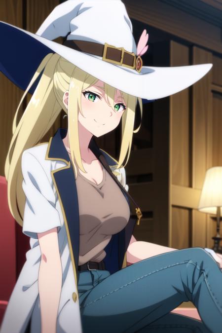 masterpiece, best quality, 1girl, sheilaMnT, blonde hair, long hair, ponytail, witch hat, green eyes, breasts, white jacket, brown shirt, short sleeves, blue pants, long pants, smile.