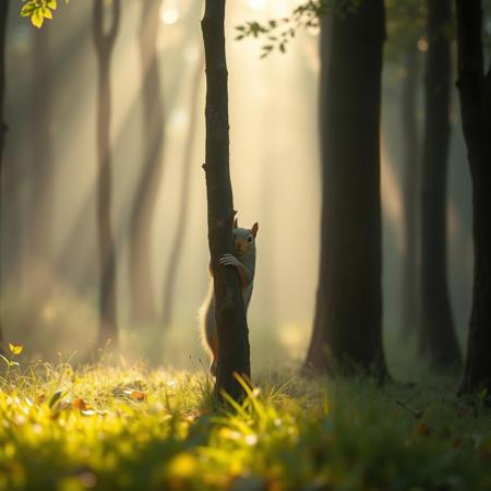 A misty forest with sunlight filtering through the trees. In the scene, a squirrel is trying to hide behind a very thin tree, making it clearly visible and creating a humorous hiding spot. The squirrel peeks out nervously from behind the tree, adding to the comedy of the situation. The mist and god rays highlight the playful and funny moment.