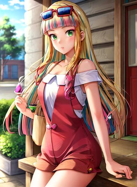 best quality, (masterpiece),(ultra-detailed), (high quality), (high resolution),<lora:add_detail:0.5> , <lora:risa-10:1>,risa, long hair, blonde hair, green eyes, multicolored hair, bangs, pink hair, blunt bangs, makeup, sunglasses