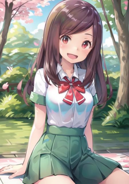 <lora:LassLetsgo:0.7> LassLetsgo, 1girl, looking at viewer, blush, smile, open mouth, skirt, shirt, red eyes, bow, sitting, school uniform, white shirt, short sleeves, :d, bowtie, red bow, cherry blossoms, green skirt