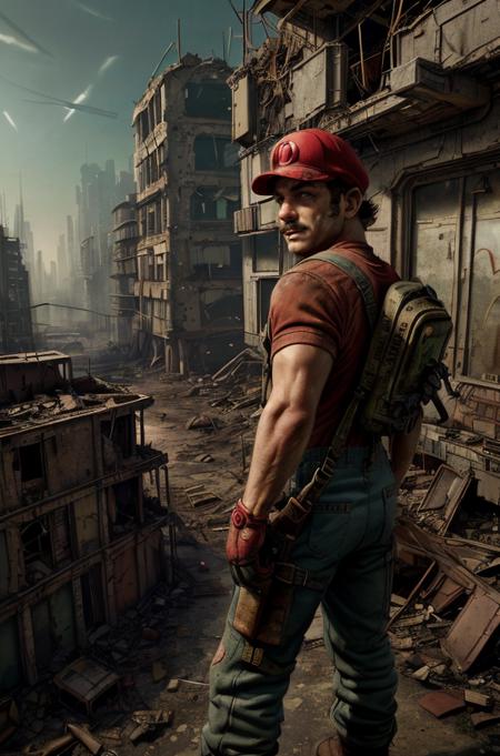 Captivating Photo of Mario exploring a dilapidated, post-apocalyptic cityscape, his iconic red hat and overalls contrasting sharply with the muted tones of the Fallout world, cautiously navigating through ruins with a Pip-Boy on his arm  <lora:more_details:0.6>  <lora:CyberPunkAI:0.6>