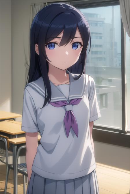 ayasearagaki, <lora:ayase aragaki s2-lora-nochekaiser:1>,
ayase aragaki, long hair, blue eyes, black hair, hair between eyes,
BREAK skirt, school uniform, serafuku, shirt, white shirt, grey sailor collar, grey skirt, pleated skirt,
BREAK indoors, classroom,
BREAK looking at viewer, (cowboy shot:1.5),
BREAK <lyco:GoodHands-beta2:1>, (masterpiece:1.2), best quality, high resolution, unity 8k wallpaper, (illustration:0.8), (beautiful detailed eyes:1.6), extremely detailed face, perfect lighting, extremely detailed CG, (perfect hands, perfect anatomy),