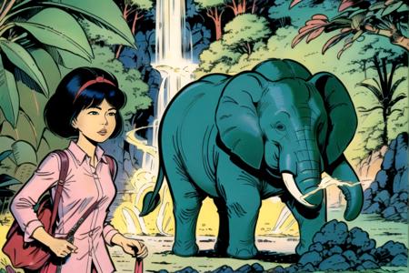 Yoko Tsuno, in a tropical forest, walking by the side of a big elephant, pink shirt, short black hair, red headband, masterpiece, ultra high res, crystal clear, sharp focus, 1girl, 1990s \(style\), traditional media, retro artstyle, <lora:yoko_tsuno-10:0.9>