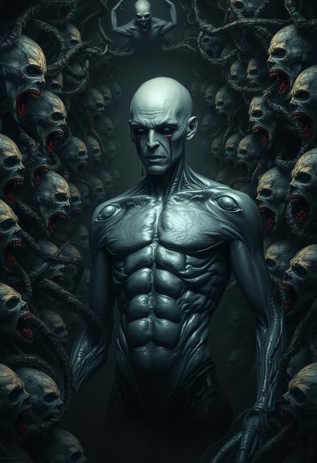 A surreal, dark, and nightmarish scene featuring a towering, bald humanoid figure with a metallic, almost chrome-like skin. The figure's muscular torso is prominently displayed, and its expressionless face has dark, liquid tears streaming down its cheeks. Surrounding the central figure are countless distorted, grotesque faces and screaming heads, blending into the background as if they are part of an endless, biomechanical structure. The atmosphere is eerie and oppressive, with twisted, sinewy forms intertwining with one another, creating a tunnel-like visual that fades into an infinite, haunting abyss. The design is intricate, with hyper-detailed elements, resembling a fusion of organic and mechanical horrors, evoking a deep sense of dread and unease.