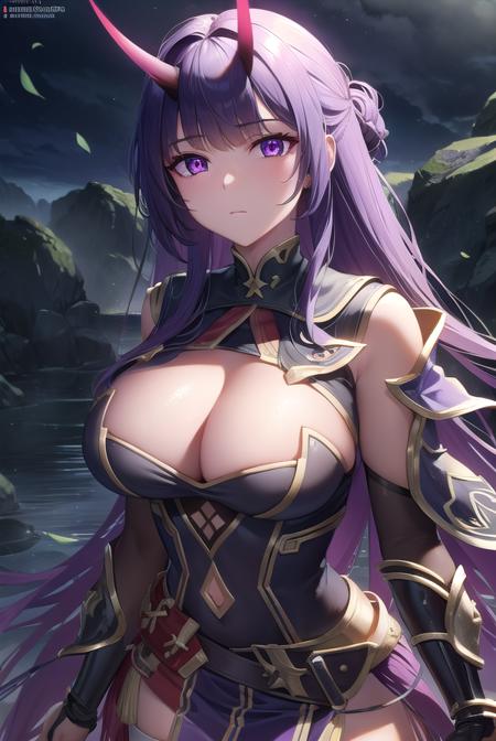 raidenmei, <lora:raiden mei herrscher of thunder-lora-nochekaiser:1>,
raiden mei herrscher of thunder, horns, long hair, (purple eyes:1.1), purple hair,
BREAK armor, cleavage, gauntlets, japanese armor, single gauntlet, thighhighs, white thighhighs,
BREAK outdoors, sky, cloudy sky, clouds, thunder, lightning,
BREAK looking at viewer, (cowboy shot:1.5),
BREAK <lyco:GoodHands-beta2:1>, (masterpiece:1.2), best quality, high resolution, unity 8k wallpaper, (illustration:0.8), (beautiful detailed eyes:1.6), extremely detailed face, perfect lighting, extremely detailed CG, (perfect hands, perfect anatomy),